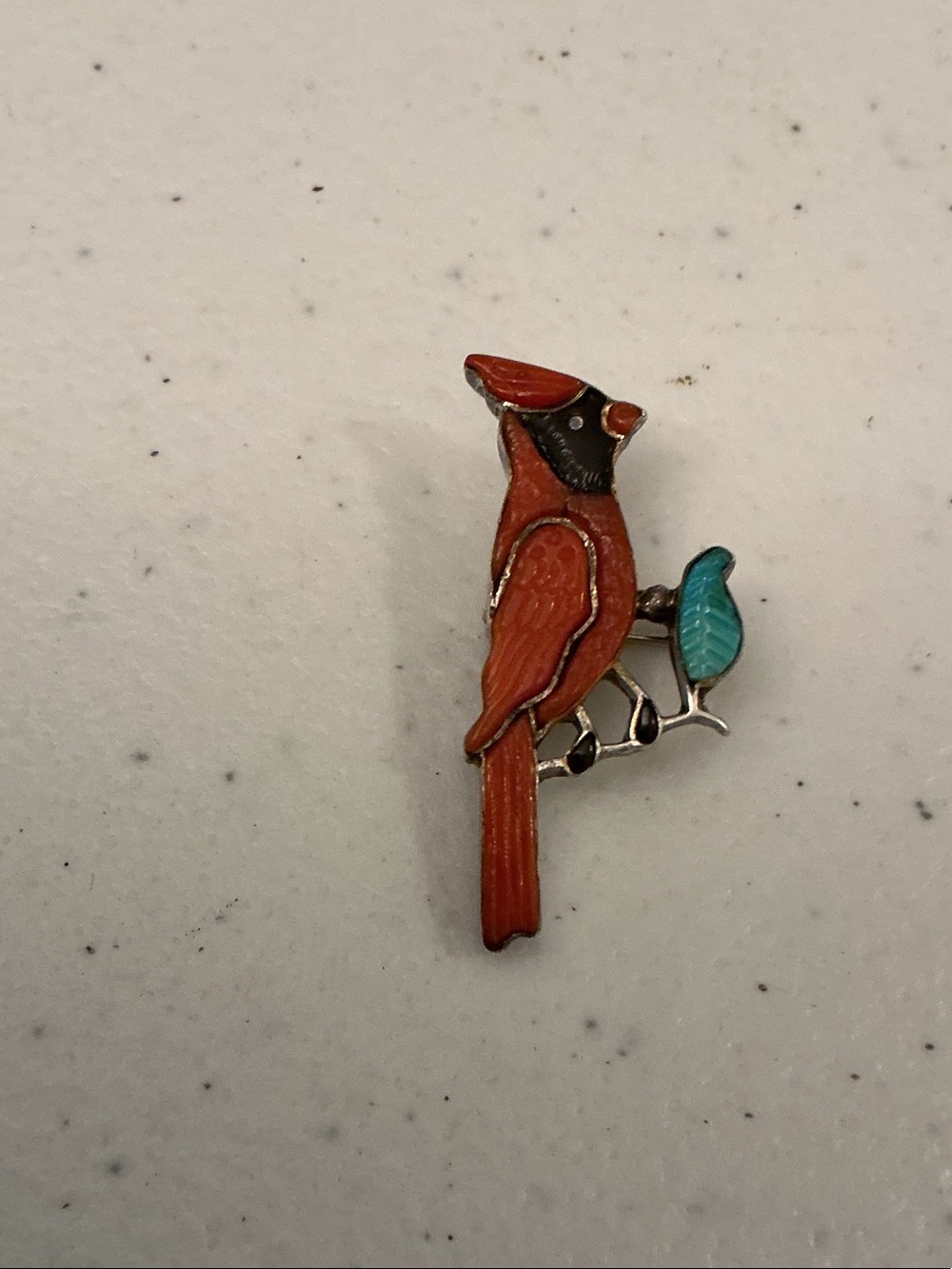 Vintage signed Andrea Lonjose sterling silver Redbird inlay brooch.